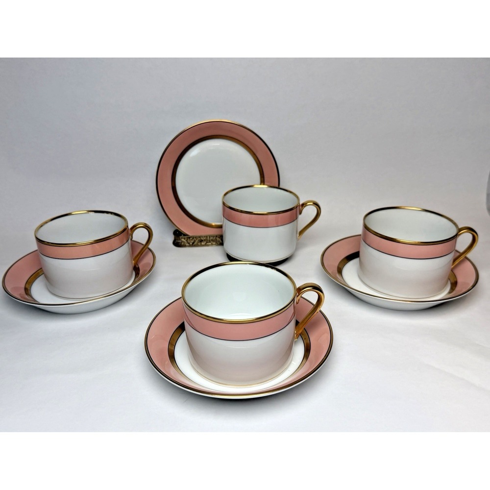 Fitz and Floyd Renaissance Peach Cup and Saucer Set of 4 Gold Rim Japan Vintage